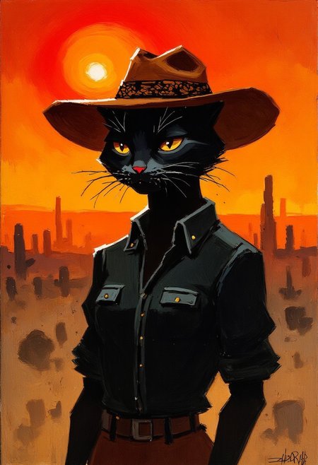 Oil painting by Frank Frazetta. An antrophomorphic black cat cowboy in a cowboyhat, black blouse, Background of the wild west desert and a big red setting sun on the horizon