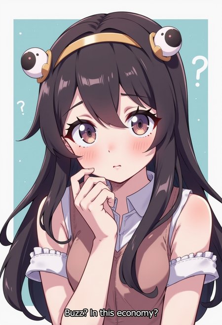 masterpiece, best quality, highly detailed, score_9, score_8_up, score_7_up, 
Anime girl looking puzzled at the viewer, caption that says "Buzz? In this economy?"