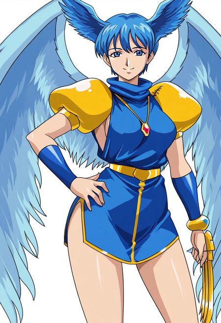 anime screencap, denjin makai, guardians, zeldia, 1girl, solo, blue hair, short hair, blue eyes, smiling, confident expression, angel, wings, feathered wings, fantasy outfit, white dress, gold trim, pauldrons, arm guards, sleeveless, jewel necklace, anime style,  detailed feathers, white background, clawed weapon, blue and gold armor