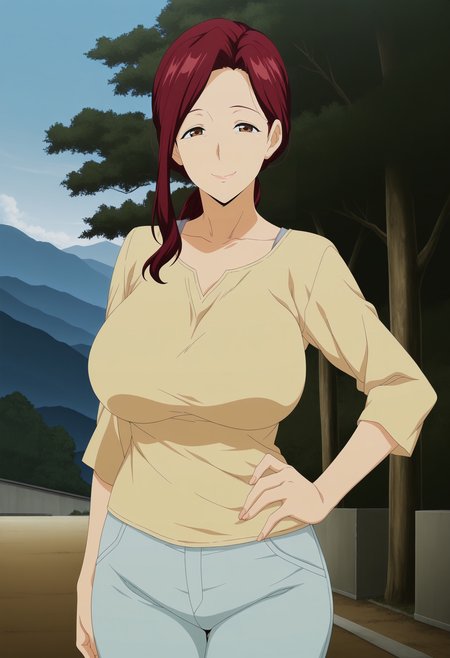 1girl,solo,mm,mature female,long hair,red hair,brown eyes,ponytail,breasts,anime coloring,
shirt,pants,cowboy shot, hand on own hip, looking at viewer, smile,outdoors
,masterpiece,best quality,amazing quality,<lora:Satsuki_Kawamoto-Futei_with...:0.8>