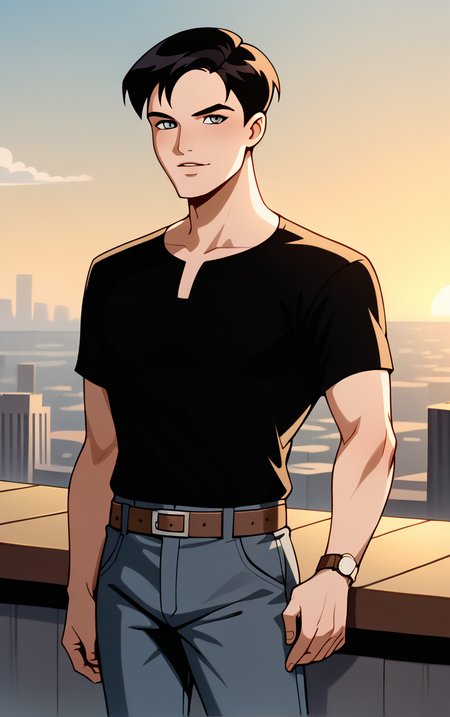 score_9, score_8_up, score_7_up, BREAK
BlackShirt_TerryMcGinnis_ownwaifu, 
1boy, black hair, grey eyes, short hair, bangs, 
black shirt, short sleeves, t-shirt, belt, brown belt, wristwatch, watch, grey pants, shirt tucked in, blue pants, belt buckle,
(contrapposto, hand on hip), sunset, sidelighting, cityscape, vanishing point, outdoors,  depth of field, solo,  
<lora:PONYXL_DC_BatManBeyond_TerryMcGinnis_ownwaifu_r1:0.7> , depth of field,