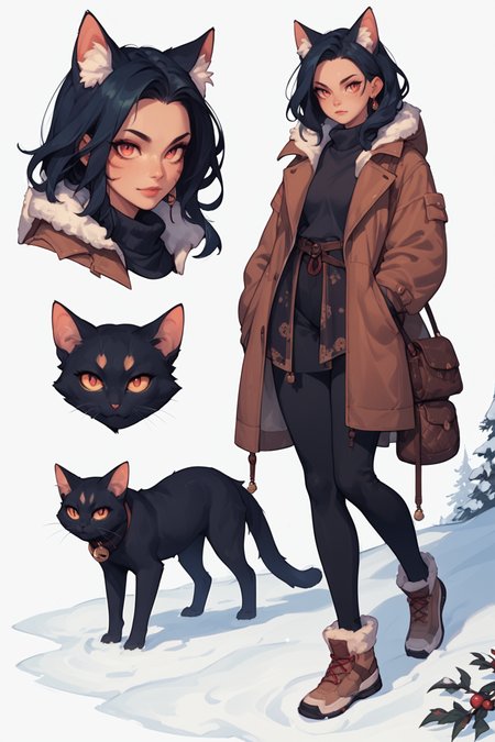 <lora:OMG-Is-DucHaiten_v1.0:0.45>, score_9, score_8_up, score_7_up, score_6_up, score_5_up, score_4_up,  <lora:Dynamic_Character_Model_Sheet:1> dynamic character design, feral cat girl, snow, female focus