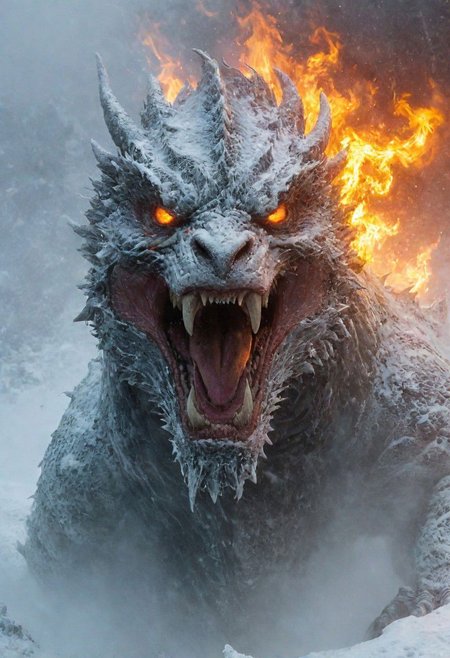 Monstrous blizzard with the fierce face of a dragon, engulfed in whiteout conditions, flames and fire, and buffeting winds. Cinematic, mysterious, sinister, scary, wild, deadly, and beastly. A nightmarish masterpiece.