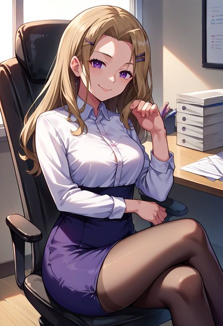 score_9, score_8_up, source_anime, 1girl, solo, TakashimaYakumo, light brown hair, purple eyes, long hair, hairclip, indoors, office lady, office chair, sitting, crossed legs, miniskirt, black pantyhose, dress shirt, smile, <lora:ChamTakashimaYakumoPonyXL:1>