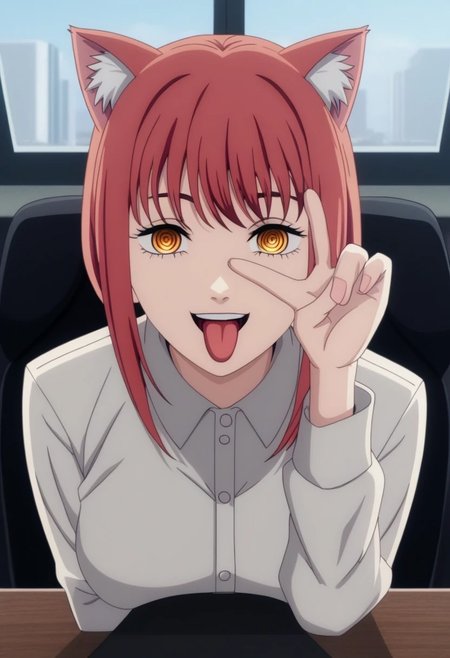 (best quality, absurd res, ultra detailed), rating_explicit, 1girl, mak1ma0, red hair, long hair, ringed eyes, cat ears, bell pierce cat ear, vgtsav, hand on own face, siting on knees, tongue out, smile, happy face, background, office, japan, table, window, day, sunlight