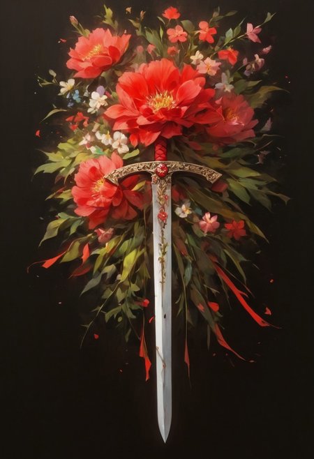 bloodied weapon, flower, sword, petals, no one, black background, red theme, still life