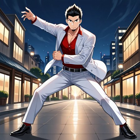 masterpiece, best quality, ultra-detailed, absurdres, newest, 1boy, solo, Kazryu, black eyes, goatee, black hair, short hair, facial hair, red shirt, formal, collared shirt, suit, open clothes, white pants, white jacket, belt, ryukifinalvent, dynamic pose, legs apart, looking at viewer, parted lips, serious, outdoors, city, night, disctrict, full body