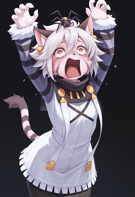masterpiece, best quality, amazing quality, elh, 1girl, solo, cowboy shot, furry female, cat ears, red eyes, orange eyes, short hair, white hair, shiny hair, facial mark, animal nose, body fur, striped tail, elhattire, earrings, fur trim, striped sleeves, black pants, aquascreaming, screaming, open mouth, crying with eyes open, (upturned eyes:1.2), arms up, claws, spider, bug, spider on head, simple background