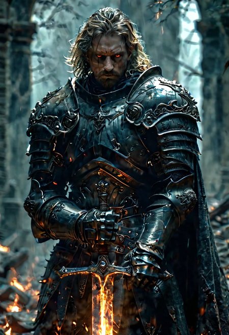 A stunning dynamic pose, highly detailed dark fantasy full body illustration of a powerful paladin, young adult, white medium hair, no beard, grey eyes, he walks in a stone bridge, black metal intricate heavy armor highly detailed, HKStyle armor, no helmet, face showing, battle scared armor, photorealist, black tattered cape on back, very wide shoulders, wearing big gauntlets, (dark aura around body:1.8), epic composition. The warrior stands heroic during a dark night with foggy gloom, thunder in the background . The scene depicts him with brooding emotional angry , style by Greg Rutkowski, by Milo Manara and Russ Mills, with insanely intricate details and textures, gloomy dramatic lighting, 8K resolution, photorealistic, cinematic