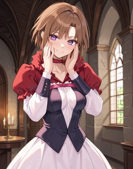 koko_zb, purple eyes, brown hair, short hair, medium breasts, koko dress,  BREAK indoors, castle, medieval BREAK looking at viewer, sexy face, evil smile, cowboy shot, hand near face, yandere BREAK score_9, score_8_up, score_7_up, source_anime ,zPDXL,   <lora:Koko-000023:0.8>