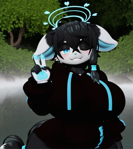 1girl, wild hips, huge breasts, blush, looking at viewer, magic, one eye closed, smile, solo, teeth, upper body, peace sign, swamp, water, tree, moss, fog, vine,
Lexi Floof(IlexisTheMadcat),
furry fmeale,
body fur,white fur, black fur,tow-tone fur,
blue halo,
black hair,short hair,ahoge,messy hair,
blue eyes,
hair between eyes,side braid,hair tie,blue hair tie,
animal ears,droopy ears,
animal nose,
snout,
black hoodie,
paw print,drawstring,x (symbol),
tail,tail ornament,two-tone tail,black tail,white tail,
animal hands,animal feet,
pawpads,claws,blue pawpads,
intricate details,detailed background, 3D,
<lora:noobaiXLNAIXL_epsilonPred11Version-lora:0.1> <lora:anatomy_helper:1> <lora:BallsDeep-IL-V2.2-S-NoMask-WithCloseups:1> <lora:Curve slider IXL2_alpha16.0_rank32_full_last:3> <lora:Lexi_FloofIlexisTheMadcat.2:1>