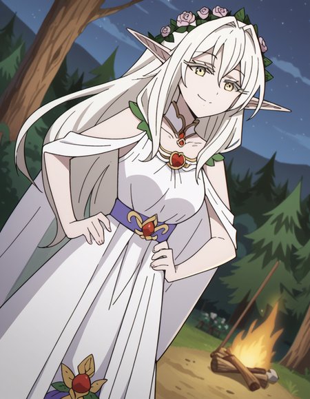 score_9, score_8_up, score_7_up, source_anime, <lora:forest-princess-s2-ponyxl-lora-nochekaiser:1>, forest princess, long hair, hair ornament, hair between eyes, yellow eyes, white hair, flowers, pointy ears, hair flower, rose, hair intakes, elf, medium breasts,, dress, collarbone, white dress,, camping, bonfire, tent, stargazing, marshmallows, forest clearing, night, smile, , smug, hands on hips,, solo,, cowboy shot, dutch angle
