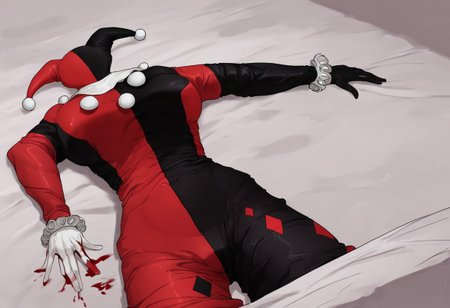 score_9, score_8_up, score_7_up, ng_deepnegative_v1_75t, bad pictures, clothes removed, no humans, no girl, on bed,  only clothes, 
Harley Quinn (/jester cap, white collar, har1992, black and red bodysuit/), Lots of blood, covered in blood,