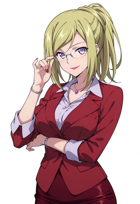 masterpiece, best quality, amazing quality,1girl, solo, BREAK
beatricestb,long hair, blonde hair, tied hair,ponytail,purple eyes,glasses,red lipstick, jewelry,formal suit, pencil skirt, jewelry,
BREAK
,white simple background, upper body,looking at viewer, smile, adjusting eyewear