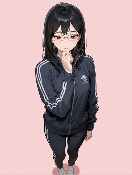 masterpiece,best quality,amazing quality,very aesthetic,absurdres,newest,
front view,full_shot,Doubtful expression,
ShimizukiyokoCYQL,1girl,solo,long hair,black hair,black eyes,glasses,semi-rimless eyewear,mole,mole under mouth,black jacket,track jacket,track suit,black pants,shoes,
full body,standing,hand_on_own_chin,,
pink background,simple background,
usnr,748cmstyle,<lora:USNR STYLE_XL_loha:0.45>,<lora:spo_sdxl_10ep_4k-data_lora_webui:0.6>,<lora:illustrious_all_rated_v1:0.6>,<lora:748cmSDXL:0.6>,<lora:illustrious_quality_modifiers_masterpieces_v1:0.8>,<lora:ShimizukiyokoCYQL:1>,