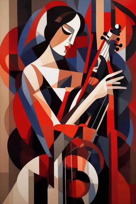 <lora:Natalia Goncharova Style:1>Natalia Goncharova Style - Create an elegant figure painting in the style of abstract constructivism, depicting a woman holding a in asaxphhon romantic gesture. Focus on capturing the essence of the musician's emotions and the deep connection between the player and his instrument. Utilize bold and fluid brushstrokes to represent the figure, emphasizing the grace and poise of his stance. Explore the use of geometric forms and abstracted elements to evoke a sense of movement and rhythm, conveying the energy and passion of the music being played. Infuse the composition with a harmonious color palette, carefully selecting hues that convey both intensity and tranquility. Through this artwork, transport viewers to a world of musical enchantment, where the elegance of the figure and the power of the bass merge in a mesmerizing symphony of art.