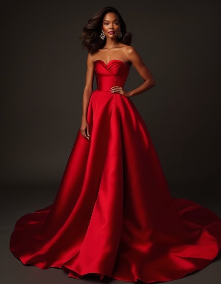 A stunning full-body portrait of a woman in a strapless red satin gown with a fitted bodice and a full, flowing skirt. The gown features a dramatic train, her hair styled in soft waves, her lips painted a bold red to match the dress. <lora:usual-portrait-v2:1>