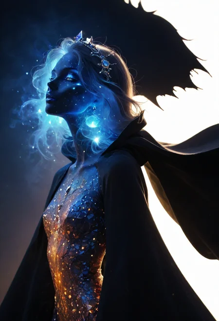 <lora:galaxyXLP:0.8> galaxy,score_9,score_8_up,score_7_up, score_9, score_8_up, score_7_up, highly saturated, vibrant colors, best quality, amazing quality, very beautiful, (best quality, masterpiece: 1.3), ridiculous resolution, absurd, official art, (realistic, highly detailed),source_general,<lora:GothicDetailEnhancer:0.8> mobe-godeen,magicNpolished, shiny, polished, reflection, glowing, light,<lora:lcm-lora-sdxl:1>,
White background, Batman's back silhouette, silhouette art, cape fluttering in the wind,from behind,