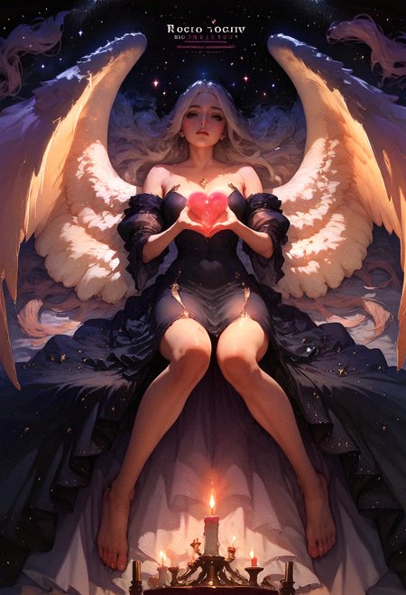 score_9, score_8_up, score_8,  1girl, large angel wings, full body, feet, candles, holding glowing heart, black galaxy dress, stylish, fashionable, magazine cover style illustration, helvetica bold  <lora:pony/twilight_style:0.8> concept art, realistic <lora:pony/expressiveh:0.8> expressiveh <lora:sdxl/princess_xl_v2:0.8> <lora:sdxl/sinfully_stylish_sdxl>