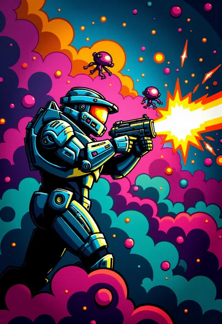 <lora:Graffiti_Characters2_FLUX-000011 (1):0.9>
This is a vibrant, stylized digital drawing set against a dramatic, abstract background, of a  Master Chief shooting at aliens in space