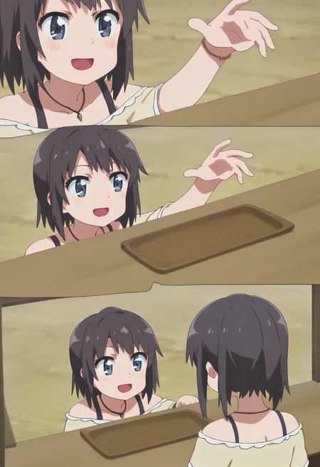 score_9, score_8_up, score_7_up, source_anime,
BREAK
<lora:shiHanaMeme5V1:1>, 
hamefull, blush, smile, open mouth, multiple girls, 2girls, comic, :d, table, parody, bowl, clenched hand, 
1girl, solo, anime screencap, anime coloring, 
<lora:shiYukSisV1:1> harudef, short hair, black hair, blue eyes, yellow shirt, cleavage, jewelry, necklace, bracelet, off shoulder,