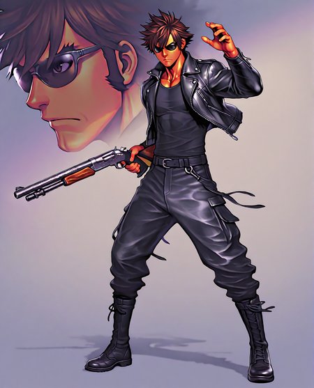 trineal, hued shading, vibrant shading, sshdw, colorful, detailed shading, hued shading, soft shadows, GOHARNO, 1boy, toned male, tanned skin, short hair, spiked hair, brown hair, sideburns, brown eyes, thick eyebrows, cleft chin, black shirt, leather jacket, zipper, black sunglasses, holding weapon, shotgun, hand up, serious, slight frown,  black pants, black boots,  masterpiece, best quality, absurdres