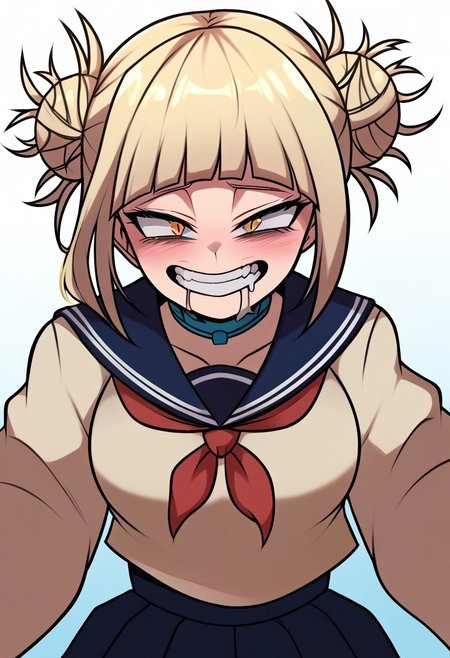 Toga_Himiko, yellow_eyes, blonde_hair, double_bun, slit_pupils, messy_hair, medium_hair, sidelocks, medium_breasts, brown_cardigan, blue_sailor_collar, school_uniform, red_neckerchief, blue_skirt, miniskirt, sexy pose, psychotic look on face, drooling, sexy pose,