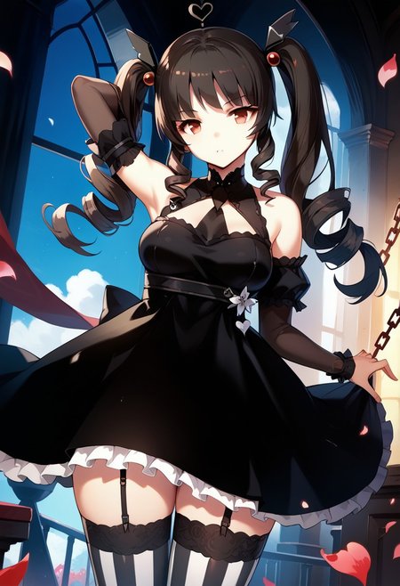 score_9,score_8_up,score_7_up,source_anime, Lily Bloommerchen,1girl,solo,long hair,breasts,looking at viewer,brown hair,black hair,hair ornament,red eyes,thighhighs,dress,twintails,medium breasts,heart,detached sleeves,striped,black dress,petals,chain,garter straps,drill hair,twin drills,striped thighhighs,arm behind head,