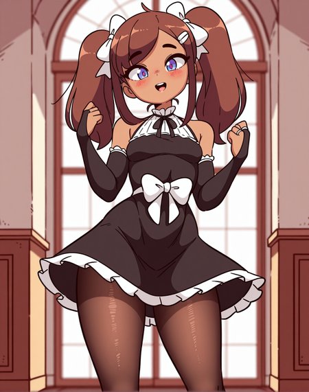 <lora:_diives_NAIXL-000020:1.1> art by diives, best quality, masterpiece, uncensored, source_anime, 1girl, twintails, solo, dress, pantyhose, long hair, jewelry, bridal gauntlets, black dress, ring, purple eyes, looking at viewer, bare shoulders, blush, ribbon, blurry, blurry background, detached sleeves, open mouth, hair ribbon, standing, brown hair, bow, dark-skinned female, black ribbon, bangs, hairclip, hair ornament, brown pantyhose, depth of field, sleeveless dress, hair bow, dark skin, sleeveless, neck ribbon, teeth, hands up, small breasts, smile, black pantyhose, :d, wedding ring, breasts, frills, indoors, frilled dress, upper teeth only, elbow gloves, blue eyes, gloves, head tilt, white bow, hand up, parted lips
