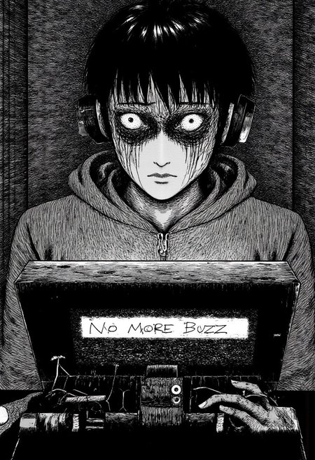 A monochrome picture int he style of Junji Ito's Uzumaki. A Video Game Streamer wearing a hoodie and headphones sits in front of a computer in monochrome jitostyle. He's staring back at the viewer with a dead look in his eyes. On the screen of the computer is a message that says "No More Buzz" in bold letters