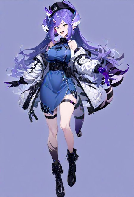 masterpiece, best quality, ultra-detailed, beautiful, nai3, 1girl, solo, full_body, tachi-e, 
selen tatsuki, boots, dress, tail, dragon tail, hat, blue dress, official alternate costume, dragon girl, sleeveless, ponytail, belt, smile, gloves, long hair, breasts, open mouth, very long hair, thigh strap, simple background, hair ornament, jacket, bangs, hairclip, fang, wings, black footwear, looking at viewer, black belt, pointy ears,