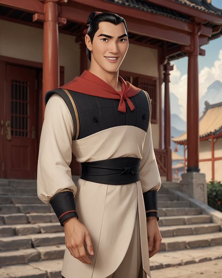 score_9, score_8_up, score_7_up, intricate details, rating_questionable,
<lora:Li_Shang_-_Mulan:1>,
<lora:homri52:0.8>,
1boy(lishang,  uniform, standing at attention in a barracks yard, smiling, solo, cowboy shot, looking at the viewer), outdoors, sunshine, summer
, ancient china, detailed background, depth of field, subsurface scattering,
<lora:xl_more_art-full_v1:0.3>,
<lora:add-detail-xl:0.3>