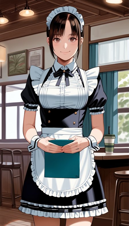 score_9,score_8_up,score_7_up,
highly detailed,highres,photorealism,realistic,
<lora:miiyamotohikari:0.9>,miiyamotohikari,
1girl,solo,black hair,bangs,brown eyes,looking at viewer,smile,black maid clothes,maid headdress,wrist cuffs,bowtie,black ribbon,cowboy shot,
blurry background,indoors,cafe,wooden floor,window,