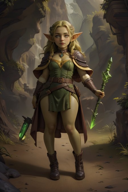 breathtaking 40yo, 1girl,  (full body shot:1.4), facing viewer, thick hips, short stack, wizard, (scowl:1.4), (holding a staff:1.2), delicate\(armor\), belt, glove, boots, (wizard robe:1.2), long shiny hair, trending on artstation, pixiv, digital art, anime masterpiece, dynamic lighting, beautiful aesthetic, 4k, award winning, hd,  detailed backgound, <lora:Mild detail adjusterV10:0.2>  <lora:Bright_Eyes:0.7> AGGA_ST002, bright pupils <lora:Loraeyes_V1:0.4> loraeyes,   <lora:dnd_goblin:0.7>goblin Style-Goblinmode  <lora:breastsizeslideroffset:-0.1>  (edgQuality:1.2) advntr character, <lora:lcm-lora-sdv1-5:0.7>, masterpiece, award-winning, professional, highly detailed