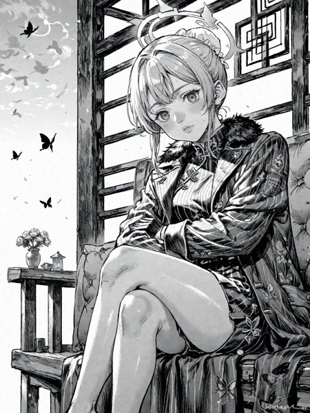 1girl black_dress black_gloves black_hair blush butterfly_hair_ornament china_dress chinese_clothes coat crossed_legs double_bun dragon_print dress gloves grey_coat grey_eyes grey_halo hair_bun hair_ornament halo long_hair open_clothes open_coat sitting sleeveless sleeveless_dress solo striped_coat twintails vertical-striped_coat
, <lora:Berserk:0.8>, score_9, score_8_up, score_7_up, zPDXL3, monochrome, greyscale