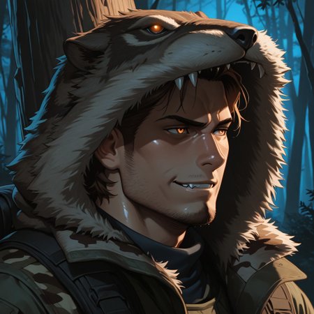 masterpiece, best quality, amazing quality, absurdres, newest, detailed background, definition so sharp, Ultra-HD, 8K cinematic, very awa, impressionate, amazing quality, highres, 
solo, male focus, manly, shadow, shiny skin,
shimonmakusu, shimon_brunette, shimon_orange eyes, 1boy, short hair, stubble, goatee, mature male, hunter, predatory_gaze, fanged_smile, wilderness, forest, camo_clothing, night_vision, stalking, silent, dangerous, survivalist, sharp_eyes, stealth, animal_pelt