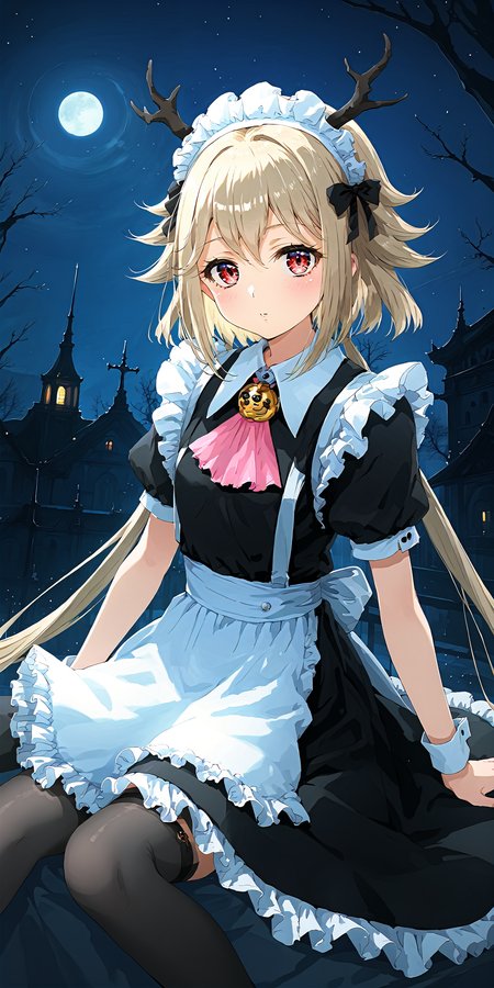 1girl, solo,  looking at viewer, looking at viewer, night sky, moon, sitting, 
maid apron, 
<lora:Licorice-000010:1> ,outfit_alternative   , licorice,    <lora:sakimi_style_ponyXL_v1:0.2> sakimi style
