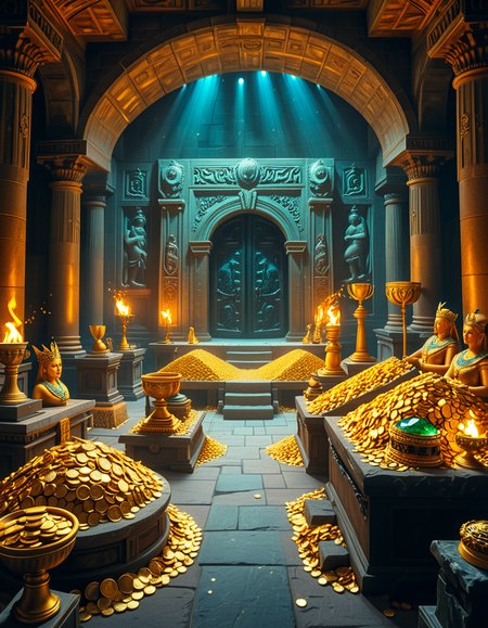 A hidden treasure chamber deep within an ancient temple, illuminated by the warm golden glow of torches and mystical blue light from enchanted crystals. The room is filled with piles of gold coins, jewel-encrusted goblets, and ancient artifacts covered in dust. Massive stone statues of forgotten deities guard the chamber, their eyes glowing faintly as if watching intruders. In the center, a grand pedestal holds a legendary artifactâan ornate golden crown encrusted with emeralds and sapphires, shimmering with an otherworldly aura. The walls are adorned with intricate carvings depicting lost civilizations, and creeping vines hint at centuries of abandonment. The atmosphere is mystical and slightly eerie, with a sense of both wonder and danger. The air is thick with the scent of aged parchment and burning incense, adding to the chamberâs ancient and mysterious feel. Cinematic lighting with dramatic shadows enhances the depth and richness of the scene, creating a visually stunning and immersive environment.
<lora:SDXLFaeTastic2400:0.4> <lora:extremely_detailed:0.4> extremely detailed, <lora:treasure_ch4mb3r:1>,treasure ch4mb3r, Masterpiece,best quality,hi res,8k,hi res,8k,award winning,(sharp focus, intricate, highly detailed),
