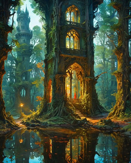 proud princes, forest, water, reflections, transparency, slimy, vivid color, The Tower of Shadows, Edgar Maxence,  neon, <lora:add-detail-xl:1>, <lora:xl_more_art-full_v1:0.8>