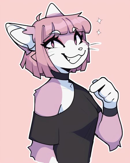 score_9_up, score_8_up, score_7_up, score_6_up, by remanedur, happy, smile, furry female, cat, pink eyes, medium breasts, inner ear fluff, pink hair, cat tail, whiskers, black dress, off shoulder, black choker, bangs, short hair, tail, looking at viewer, solo, three-quarter view, side view,  simple background, white outline,<lora:Leah_Pines(AIM)_XL_v1:0.15> <lora:PDXL_artist_tags_v2_big:0.5> <lora:The-Minuscule-Task_PDXL_v1.0:0.6>  <lora:Kimiko_Hattori_VHSELIXIR:0.7>