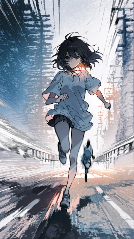 masterpiece, newest,absurdres,incredibly absurdres, best quality, amazing quality, very aesthetic, abstract,
1girl, (omniscient reader's viewpoint:1.5), ground fog, (motion blur:1.5),  micro skirt, oversized shirt, running,
 <lora:KonYa666:1> kony4666  <lora:re4lity:1> re4lity_sync_illu <lora:Retro_Glitch:1>