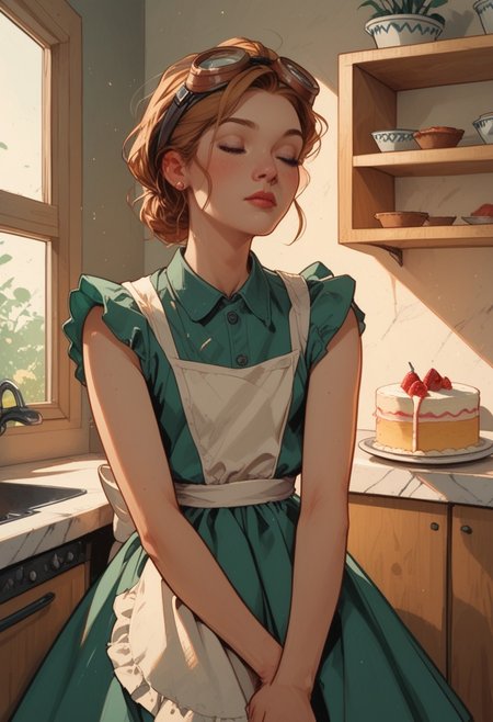 1girl, dress, norman rockwell style, in the kitchen, baking a cake, 1950s style, goggles on her head, closed eyes, green dress, white apron, score_9, score_8_up, score_7_up, score_6_up, score_5_up, score_4_up, rating_safe,