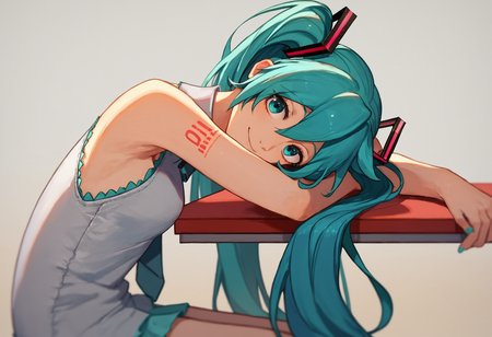 score_9, score_8_up, score_7_up, 1girl, head rest arm rest, looking at viewer, smile, from side, sitting, hatsune miku
<lora:head_rest_arm_rest_pony_1:1>