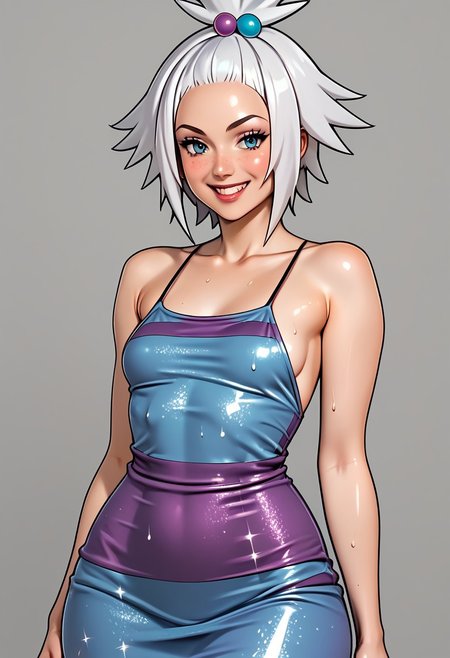 score_9, score_8_up, score_7_up, deep skin, shiny skin, skindentation, source_anime, high quality, highres, solo, (curvy), ((wide hips)),, thick thighs, cute, , sexy, ((small breasts)), petite, 1girl, western, H&M_PGD3, blue dress, striped dress, purple stripes, camisole dress, short dress, thin straps, sparkly dress, two-tone dress, sideboob, roxiePokemon, white hair, blue eyes, forehead, freckles, hair ornament, hair bobbles, topknot, light skin, beautiful face, cute face, perfect body, perfect face, beautiful eyes, smile, ((sweaty)), young
