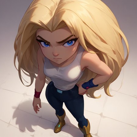 score_9, score_8_up, score_7_up, score_6_up, score_5_up, score_4_up,masterpiece,best quality, highly detailed, score_9, score_8_up, score_7_up, score_6_up,source_anime, 1girl,torunn,hip to one side,hand on hip,full body, natural lighting, FOV 90 degrees,high angle shot,very long hair, blonde hair, solo, blue eyes, tank top, round ass, fit skinny waist, round breasts, tall, medium body, small breasts, narrow waist, small ass, normal hips, slender, perfect face, perfect anatomy, beautiful anime eyes,musclar arms,ringed eyes