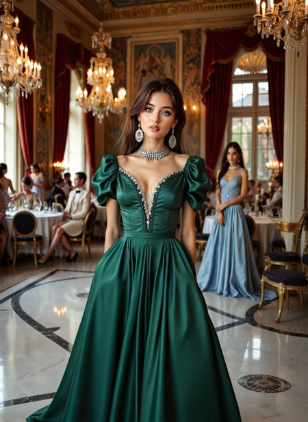 cinematic film still a young woman standing in a luxurious ballroom with high ceilings and ornate chandeliers. She is wearing a long, flowing green gown with a deep V-neckline and short sleeves. The dress has a fitted bodice and a full skirt that flares out at the bottom. The woman has long dark hair styled in loose waves and is wearing statement earrings and a statement necklace. In the background, there are other women in formal attire, sitting at tables and enjoying a meal. The room is decorated with red curtains and gold accents, and there is a large window. <lora:add-detail-xl:.5>  <lora:Flux-style-xl-lora:.5>