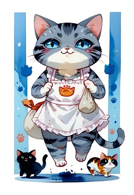 score_7_up, score_8_up, score_9, (full body:1.15), cat, animal kitten, chibi animal cat, Kus1cat, Chibi Art Style, furr, 
cute cat, game character, very cute, chef, watercolor style, watercolor, 
(gray striped cat with an apron running with a sack of flour:1.21),
(cute kitchen detailed background:1.23), HQ,