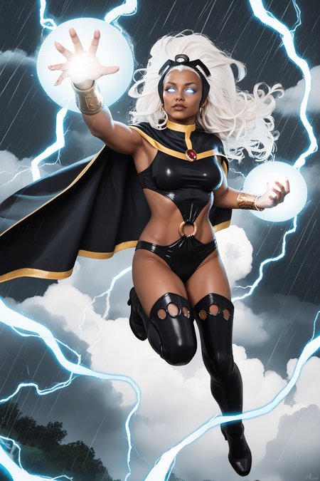 score_9, score_8_up, score_7_up, masterpiece, high quality
 <lora:Storm ClassicPonyLoRA:0.8>strm, dark-skinned female, long hair, white eyes, no pupils, glowing eyes, headgear, tiara, cape, bracer, leotard, o-ring, highleg, thighs, thigh boots, lightning, flying, electricity, rain, magic, energy ball