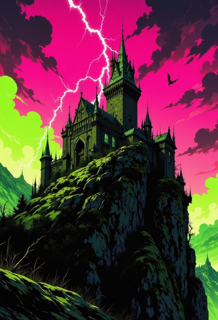 An old abandoned castle upon a hill, magenta and limegreen skies, lightning strikes, a silhouette of a bat on the horizon, setting sun, vignette, highly detailed, high budget, bokeh, cinemascope, moody, epic, gorgeous, film grain, grainy,anime, cyberpunk, Comic book style, CAICO