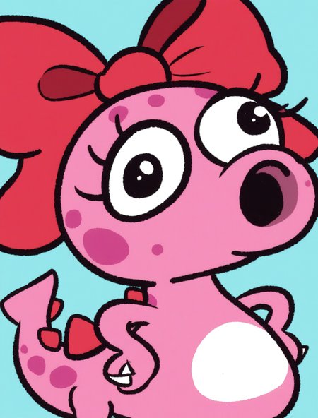 score_9, score_8_up, score_7_up, solo, BREAK, 1girl, upper body
 <lora:goobustest:1>, goobus, cartoon, doobus, animal, <lora:BirdoPony1.0:.7>, eyelashes, red bow, pink skin, dinosaur, open mouth, no humans, lizard tail, standing, hands on hips